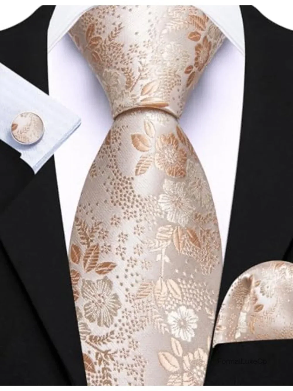 Silk Woven Floral Tie Set with Handkerchief Cufflinks for Men Wedding Party